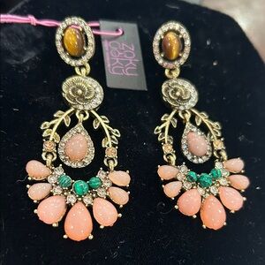 Semi Precious Pink, Green & Brown Antiqued Dangle Earrings-NWT